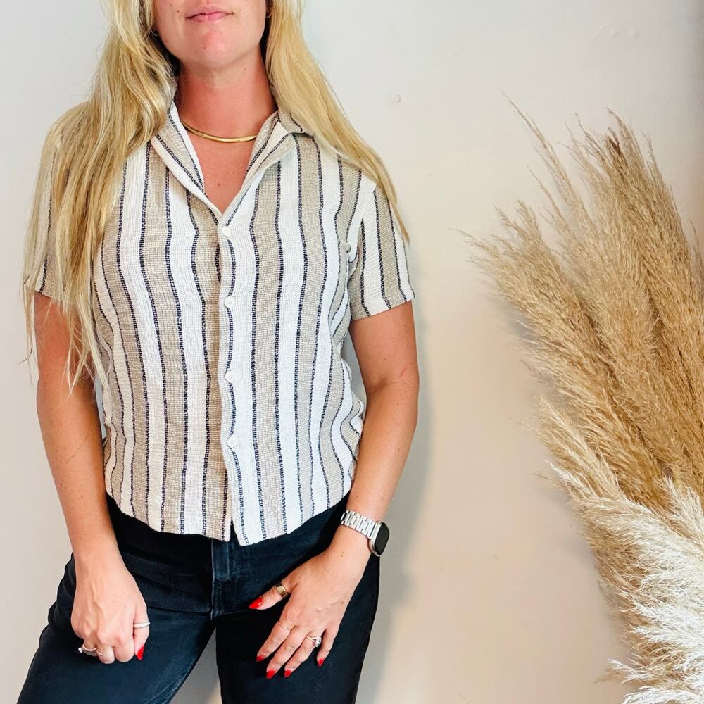 ZARA Tan Beige White Striped Print Button Down Short Sleeve Unisex Shirt Top S